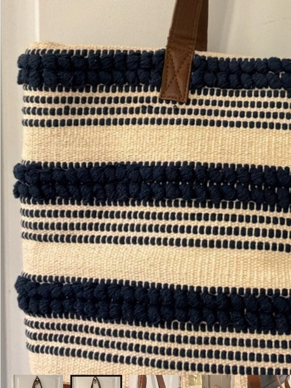 LOFT Striped Navy and Cream Woven Tote Bag
